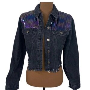 Le Lis Black Jean Jacket with Purple Sequin Accents